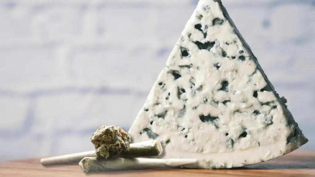 A wedge of blue cheese and a cheese knife on a wooden board, with a blurred background.