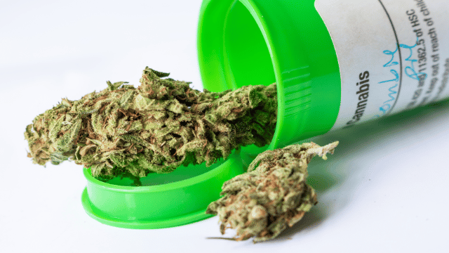 Close-up of two cannabis buds next to a green prescription container on a white surface.