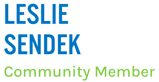 A white background with text "LESLIE SENDEK" in bold, uppercase blue letters. Below, green text reads "Community Member" in sentence case.