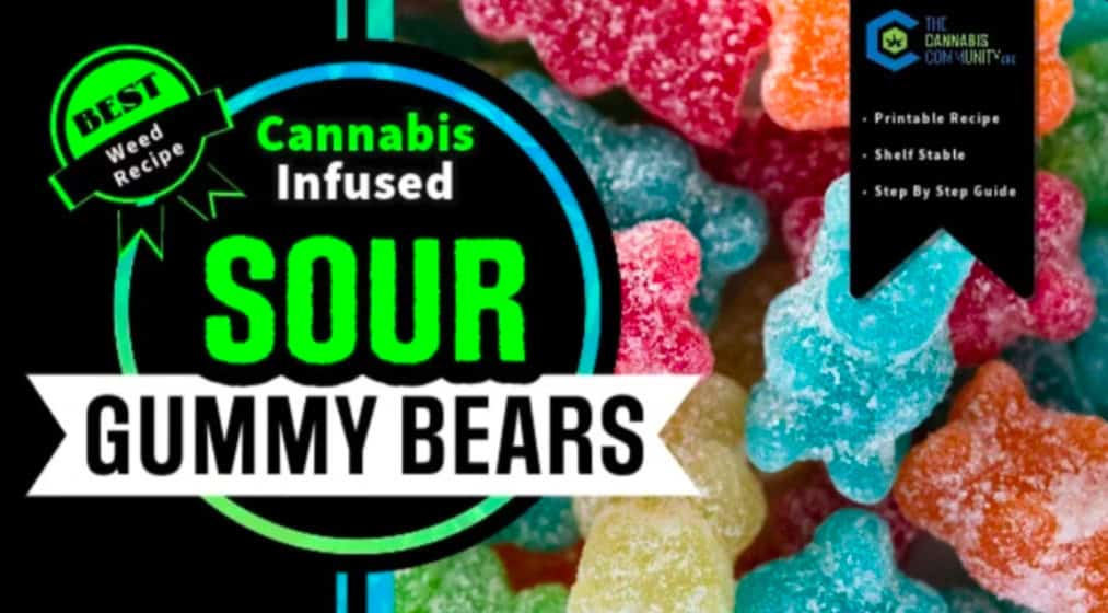 The image features a colorful assortment of gummy bears in various colors, overlaid with text promoting "Cannabis Infused Sour Gummy Bears." Labels highlight attributes: "Best Weed Recipe," "Printable Recipe," "Shelf Stable," and "Step By Step Guide". The design uses vibrant colors for a striking impression.