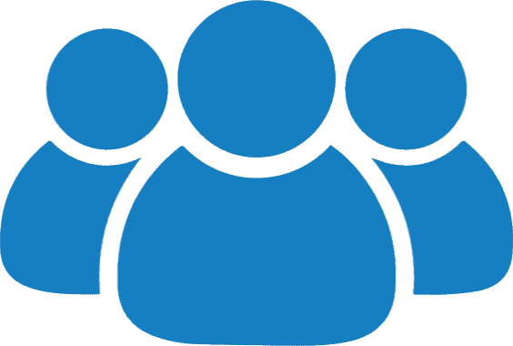 A blue icon depicting three simplified human figures. The central figure is larger and positioned in the forefront, while two smaller figures are partially visible behind it on either side, representing a group or community. The figures are symmetrically arranged and lack facial features or details.