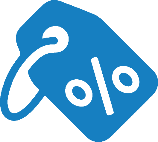 A blue shopping tag icon with a percent sign on it, indicating a discount or sale. The tag has a hole at the top left corner with a small loop, suggesting it can be attached to products.