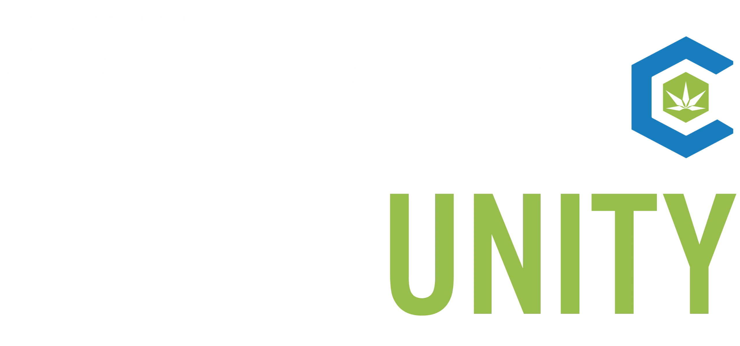 The image features the text "WELCOME TO THE CANNABIS COMMUNITY". The "C" in "COMMUNITY" is designed as a blue hexagon with a stylized cannabis leaf inside it. The letters "UNITY" in "COMMUNITY" are highlighted in green.