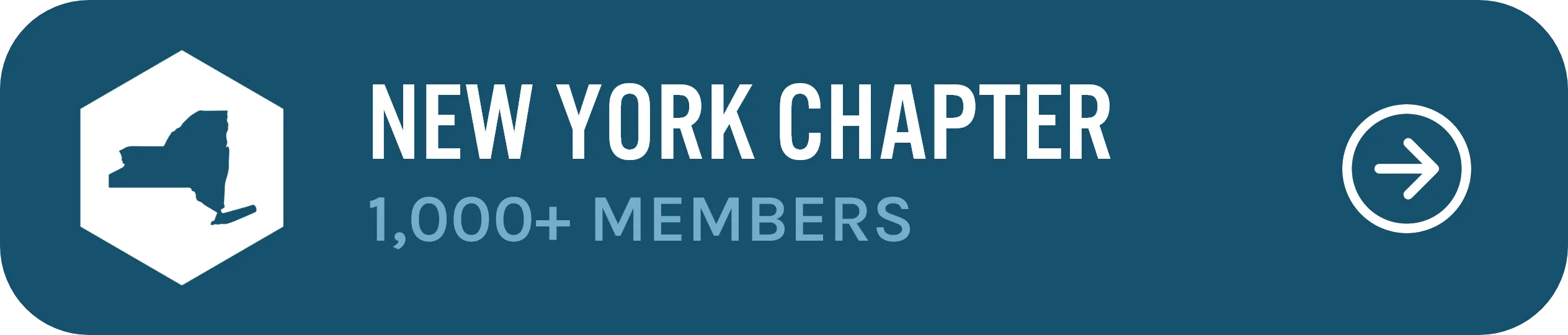 A blue banner with a white hexagon on the left, containing a silhouette of New York state. To the right, in bold white text, it reads "NEW YORK CHAPTER." Below this, in lighter blue, it says "1,000+ MEMBERS." An arrow pointing right is at the far right side of the banner.