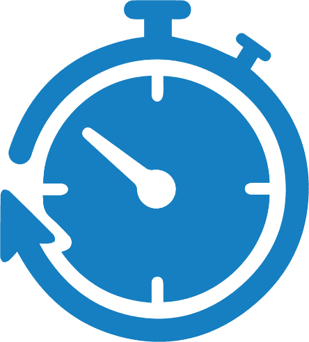 A blue stopwatch icon is displayed with a simple, minimalist design. The stopwatch has a circular shape, with a black minute hand pointing to eight minutes and no visible second hand. A curved arrow wraps around the bottom left of the stopwatch, indicating movement or countdown.