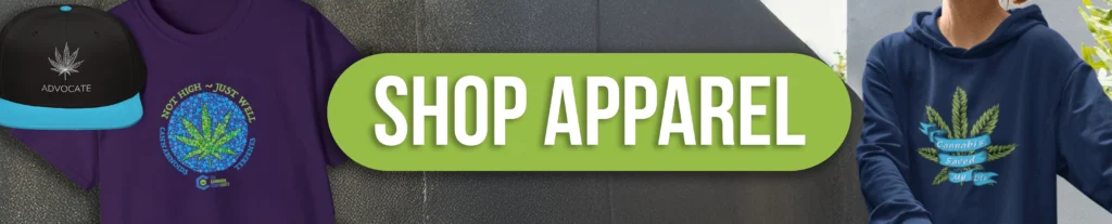 A banner displaying a black cap with a leaf design and "ADVOCATE" text, a purple shirt with a colorful leaf graphic, and a navy hoodie with a similar leaf design. The text "SHOP APPAREL" is prominently featured in a green rectangle.