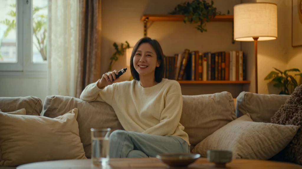 Woman holding vape hardware at home