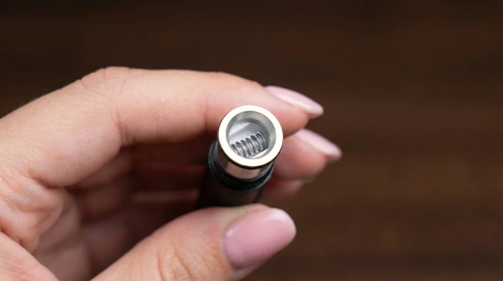 Close-up of a vape heating element held in a hand