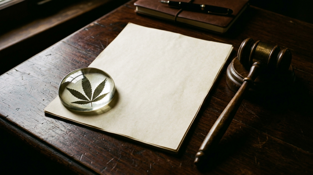 Editorial illustration of a cannabis magnifying glass and gavel on a desk