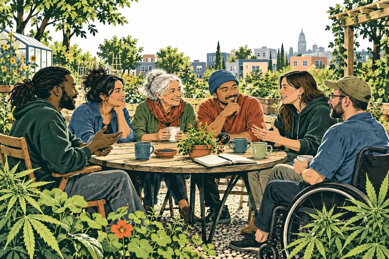 Editorial illustration of adults sharing a conversation around a community garden table